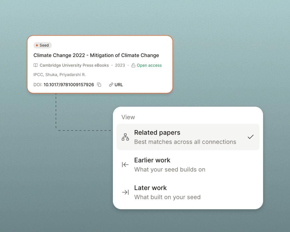 The Related papers, Earlier work and Later work views of a citation graph