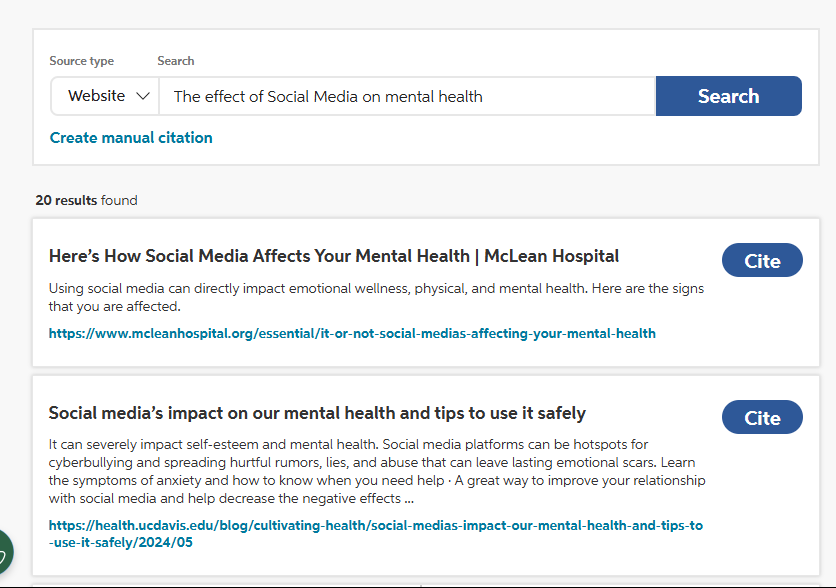 Cite This For Me manual citation generated interface