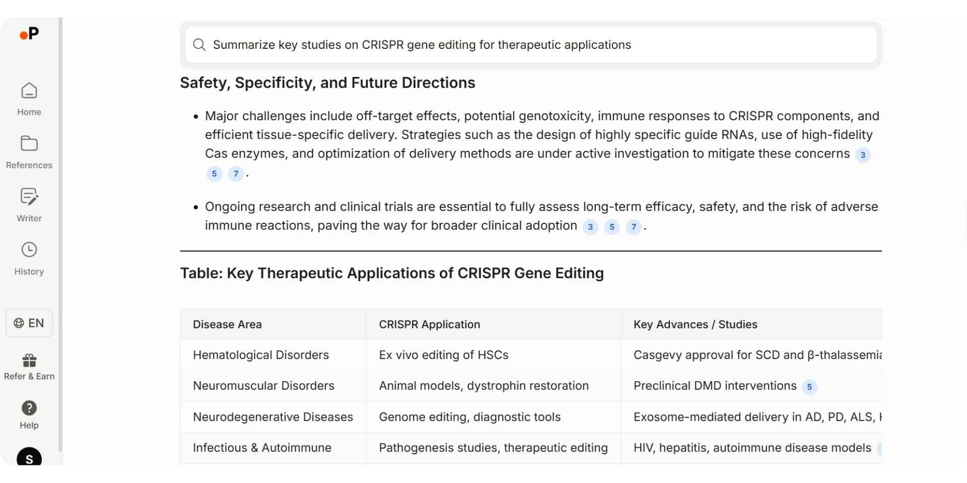 Paperguide interface showing AI-powered scientific documentation with structured summaries of CRISPR research data