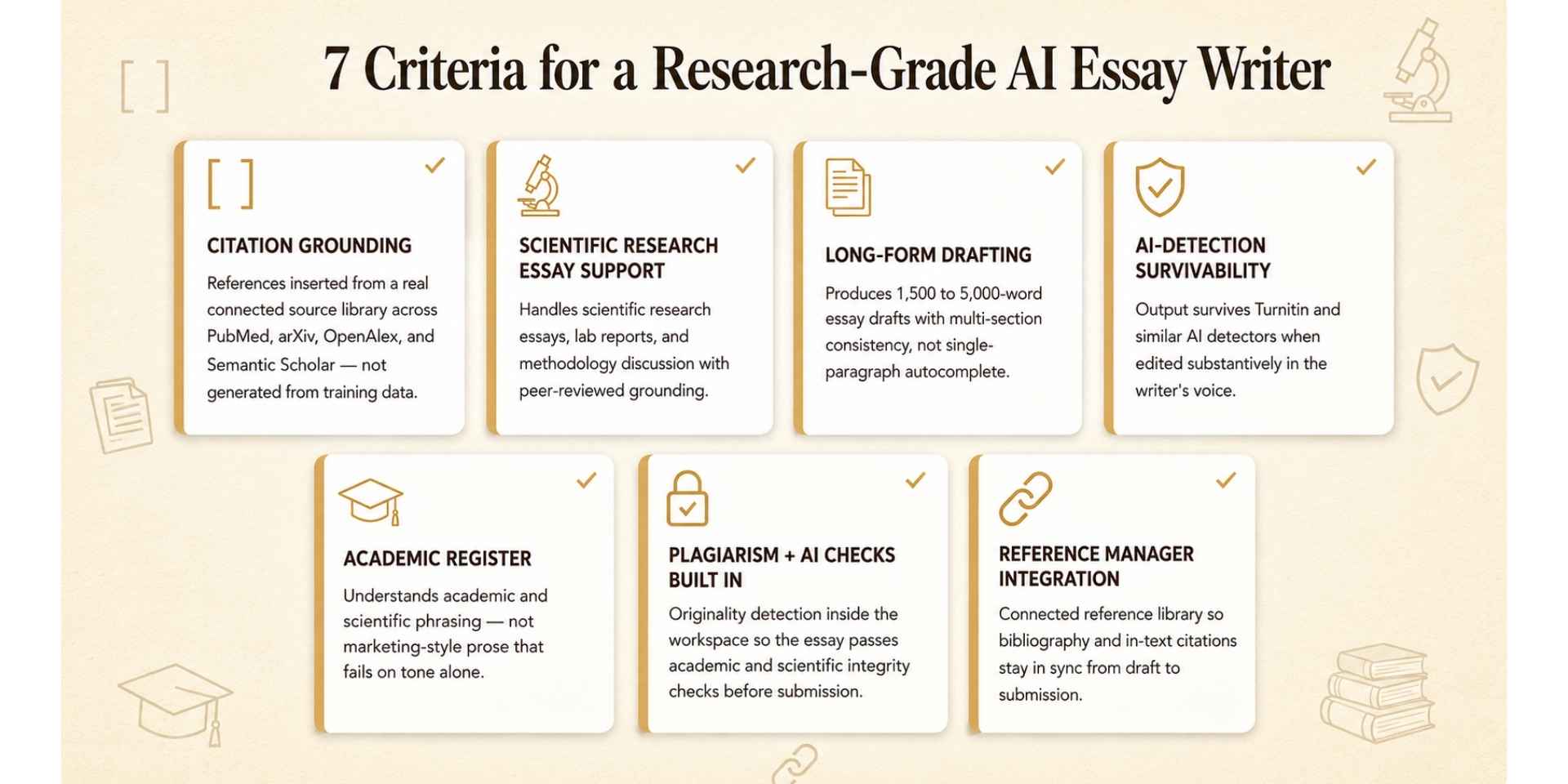 criteria for a research grade AI esssay writer