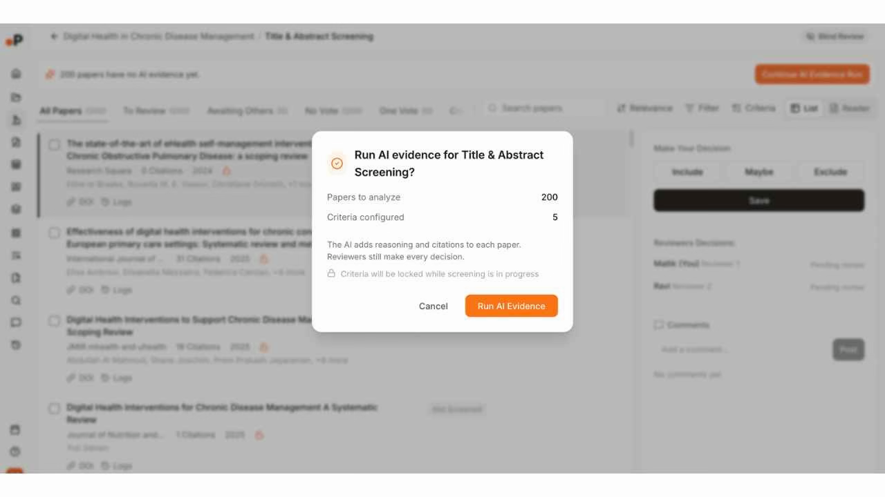 Paperguide AI Evidence Run confirmation modal showing 200 papers to analyze with 5 configured criteria and Run AI Evidence button