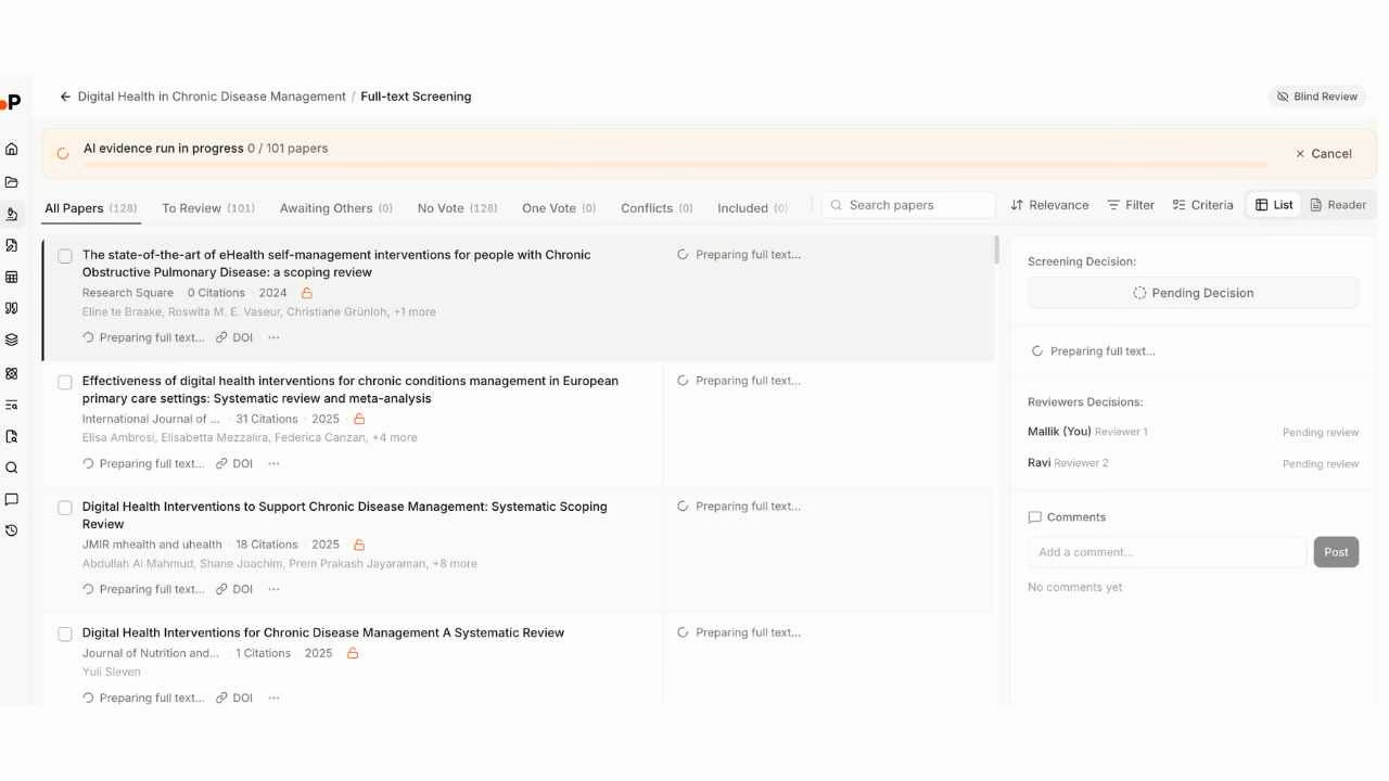 Paperguide Full-text Screening showing AI evidence run in progress for 101 papers, 128 total papers, Preparing full text status on each paper, Blind Review badge, and dual reviewer panel