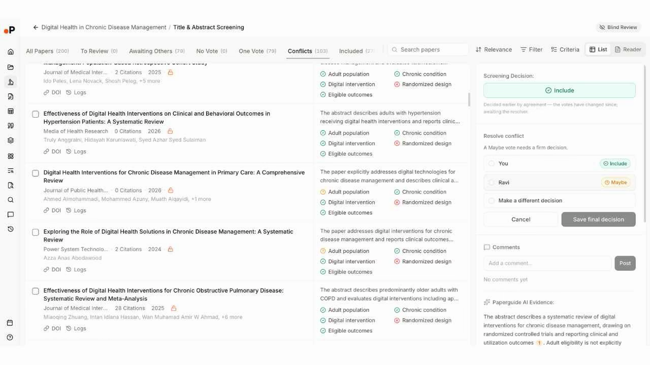 Paperguide Conflict Resolution view showing 103 conflicts, AI Evidence criteria badges on each paper, side panel with reviewer decisions showing You as Include and Ravi as Maybe, and Save final decision button