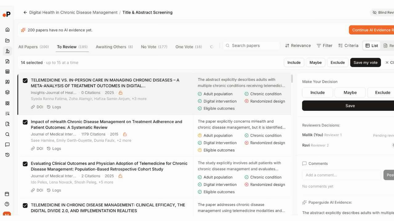 Paperguide AI Evidence Run results showing per-criterion green and orange assessment badges for Adult population, Chronic condition, Digital intervention, Randomized design, and Eligible outcomes, with bulk Save my vote button and 14 papers selected