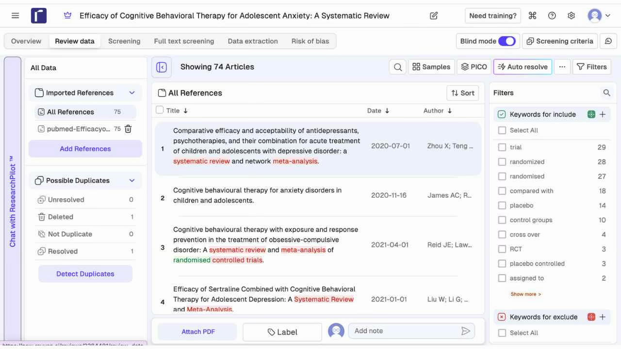 Rayyan review data showing 74 articles with keyword filters for trial, randomized, and placebo, PICO button, Auto resolve, and Chat with ResearchPilot sidebar