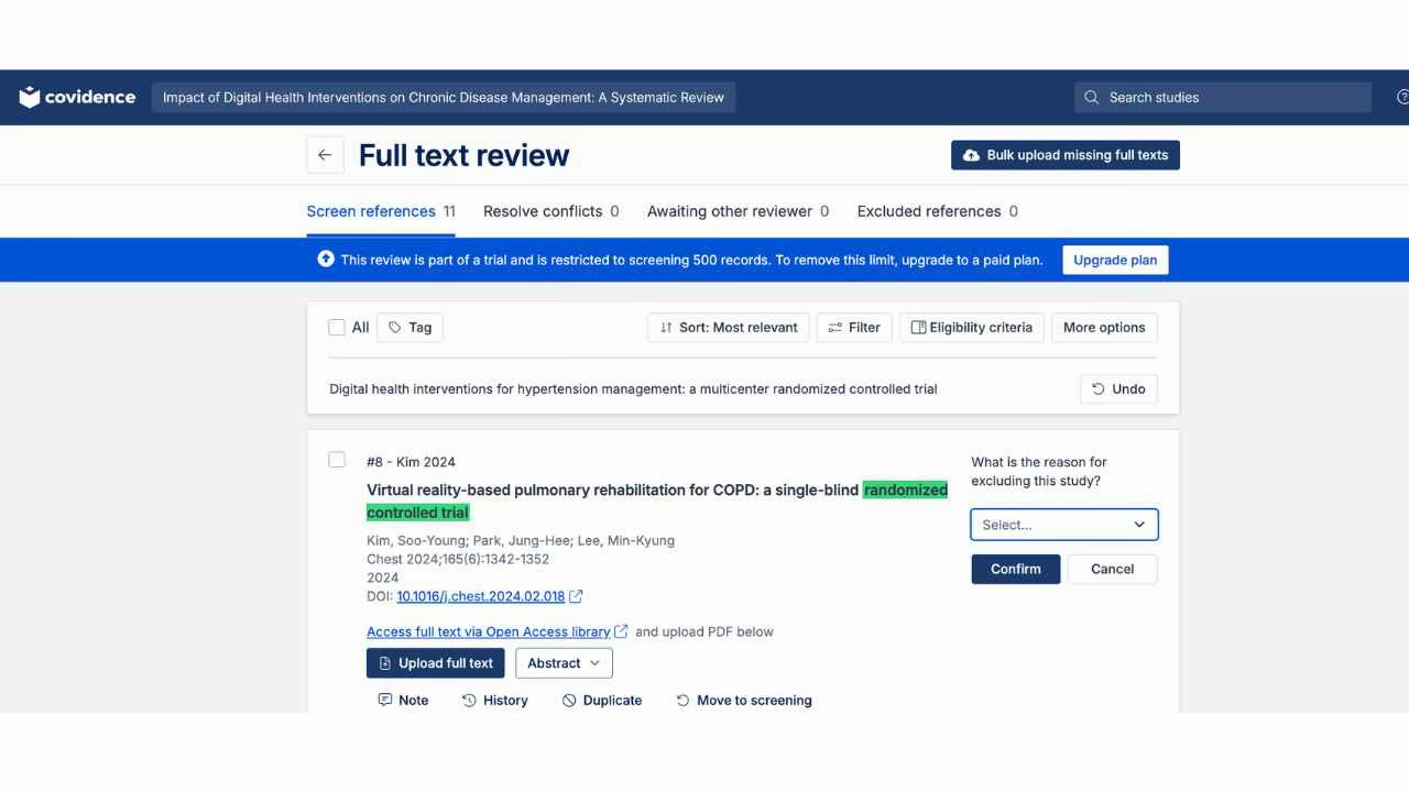 Covidence Full text review showing 11 studies to screen, exclusion reason dropdown, Upload full text button, and keyword highlights