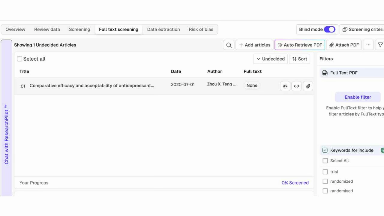 Rayyan Full text screening showing 1 Undecided Article, Auto Retrieve PDF button, Attach PDF option, table view with Title and Full text columns, and keyword filters