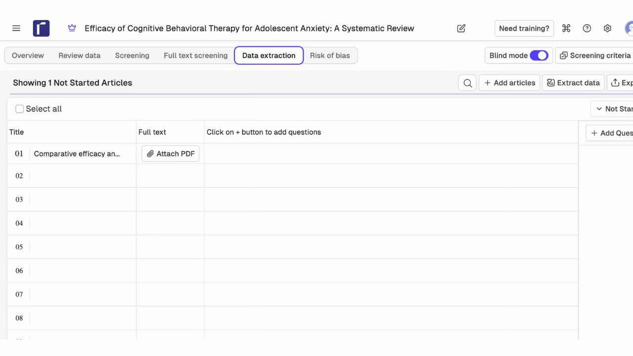 Rayyan data extraction spreadsheet view with Title and Full text columns, Add Question button, and 1 Not Started article with Attach PDF option and Blind mode ON