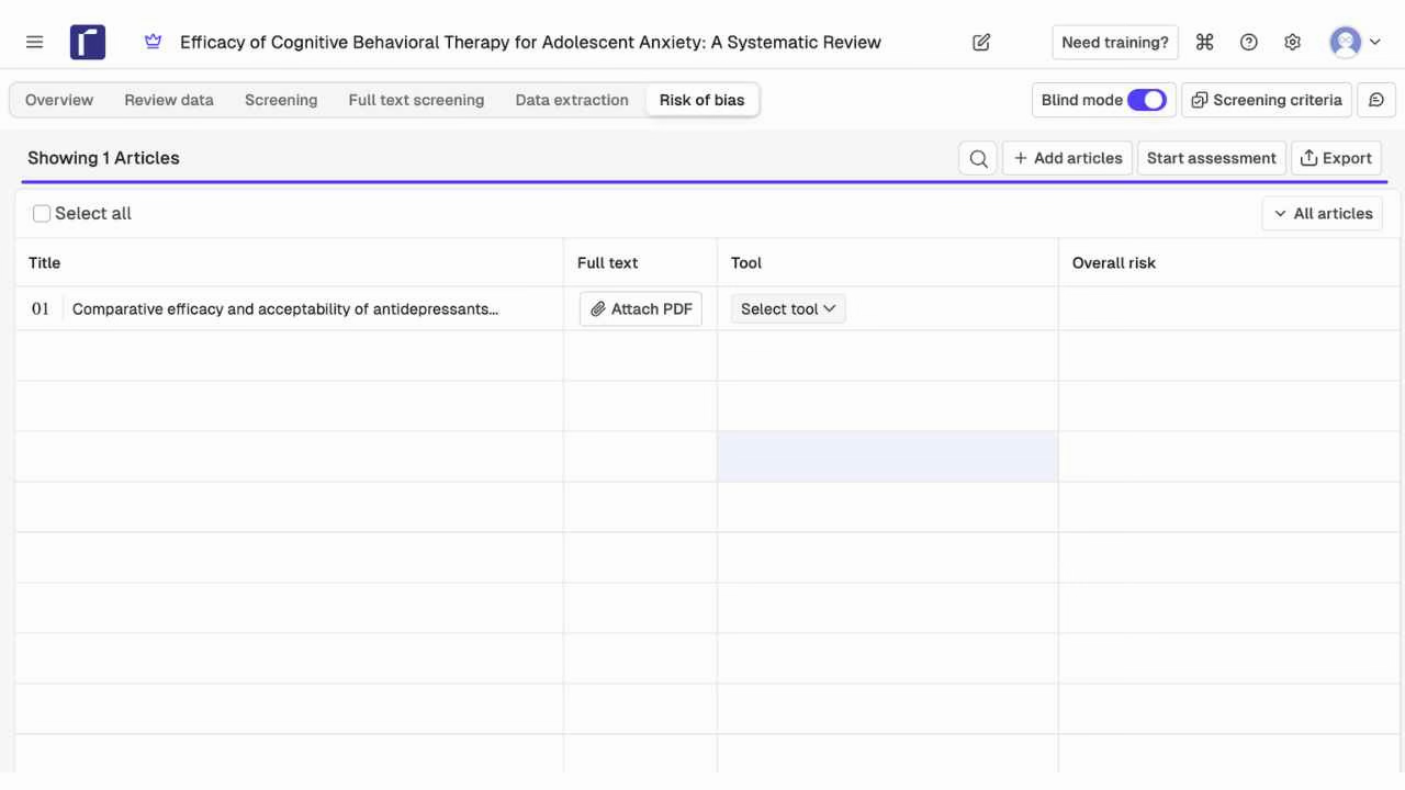 Rayyan risk of bias assessment showing Title and Full text columns, Tool and Overall risk columns, Select tool dropdown, Start assessment and Export buttons, and Blind mode ON