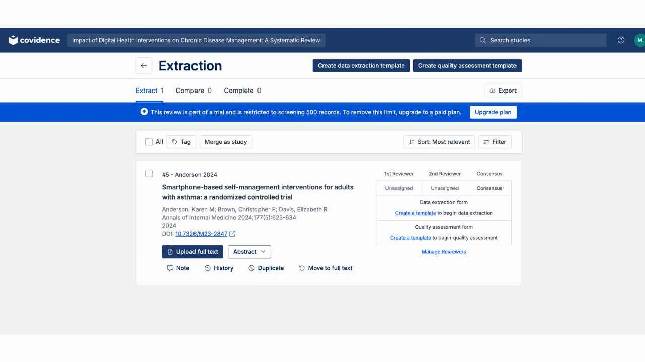 Covidence Extraction stage with Extract/Compare/Complete tabs, 1st Reviewer and 2nd Reviewer columns, Consensus column, and Create a template prompt for data extraction