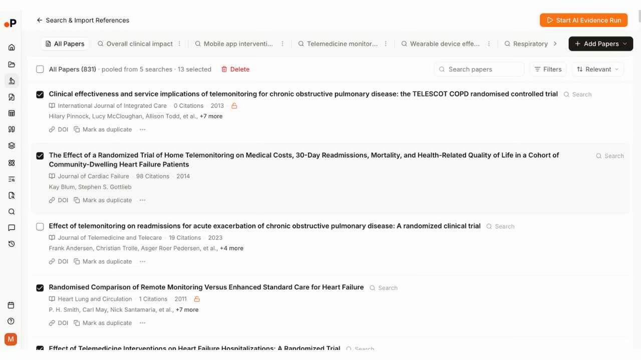 Paperguide Search & Import showing 831 papers pooled from 5 searches, with AI Evidence Run button and paper list with DOI and citation counts
