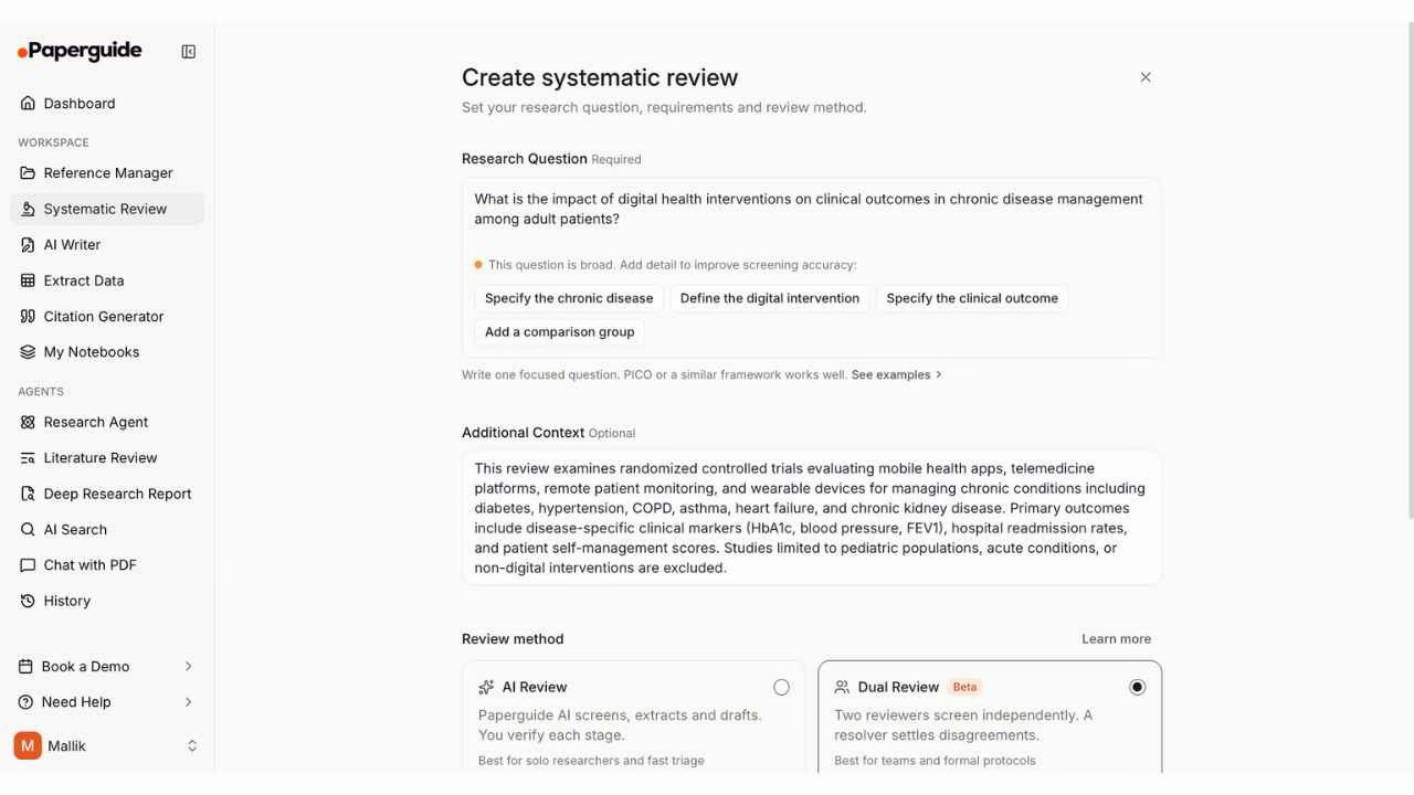 Paperguide Create Systematic Review form with research question field, review method selector showing Dual Review Beta, and full sidebar with all workspace modules