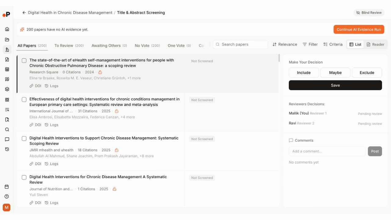 Paperguide Title/Abstract Screening with 200 papers, To Review and Awaiting Others tabs, Include/Maybe/Exclude buttons, dual reviewer panel showing both reviewers as Pending, and Blind Review badge