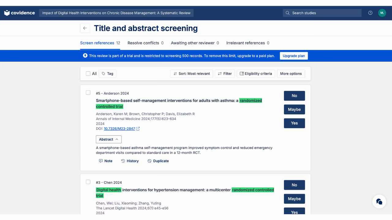 Covidence Title/Abstract screening showing Yes/No/Maybe voting buttons, keyword highlights in green for randomized controlled trial, abstract text, and DOI link