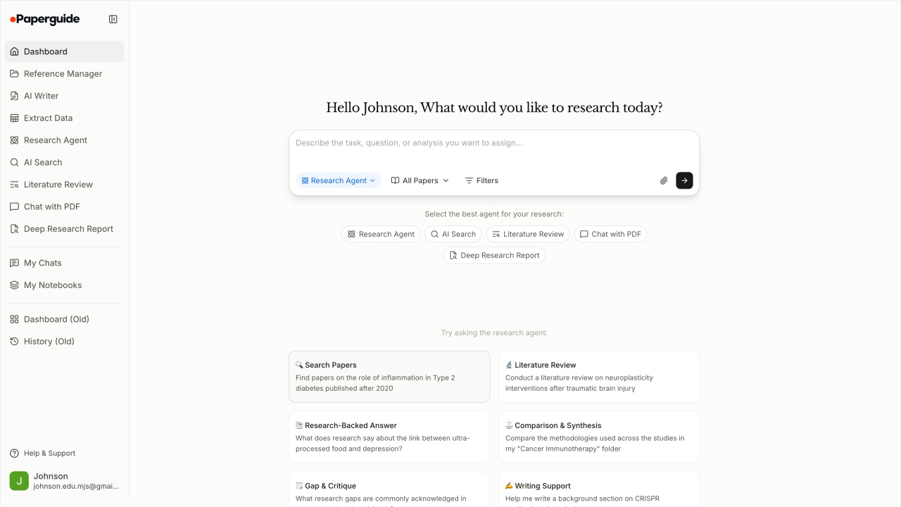 Paperguide dashboard with a research prompt box, agent shortcuts and a sidebar listing Reference Manager, AI Writer, Extract Data and Literature Review