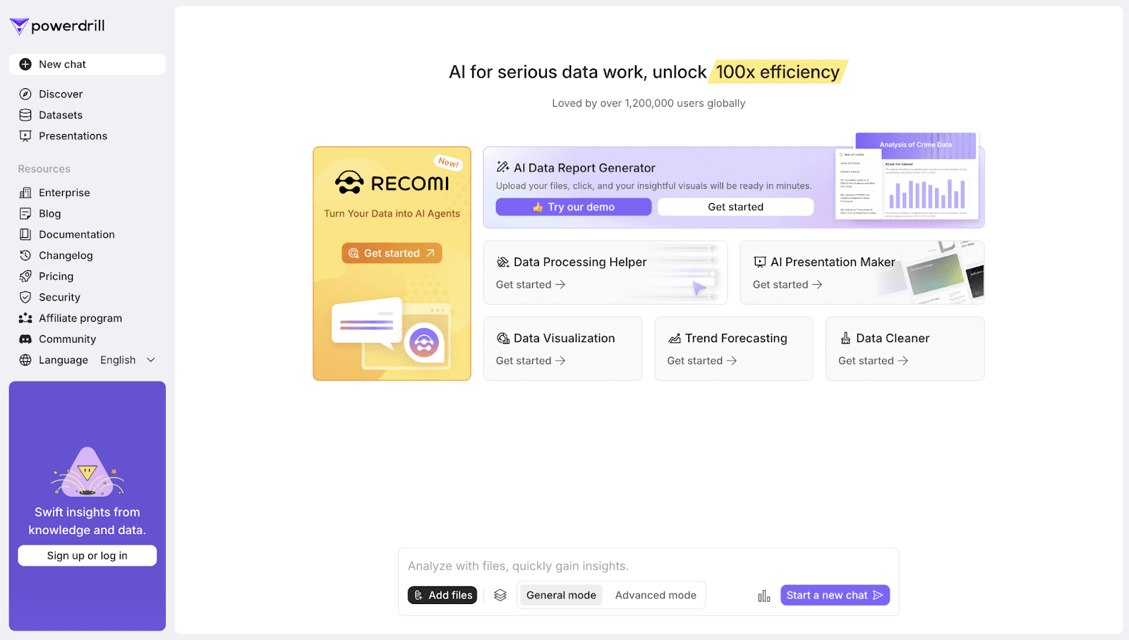 Powerdrill home screen with an AI data report generator and tools for data processing, visualization, trend forecasting and data cleaning