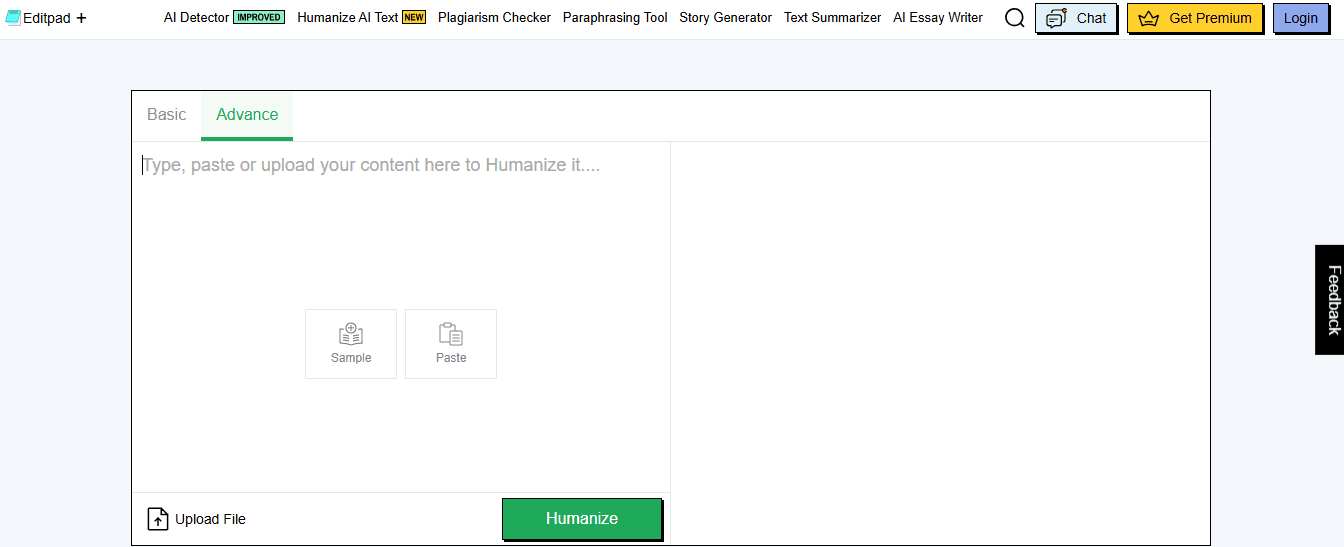 EditPad AI humanizer in Advance mode with an empty input box, sample and paste options, and a Humanize button