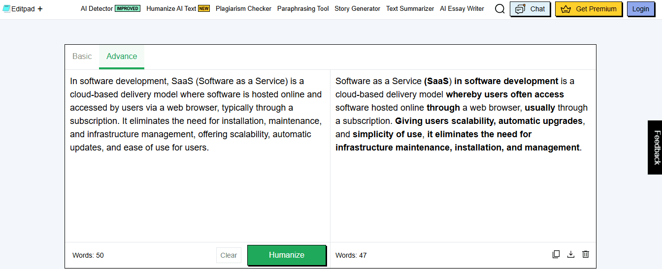 EditPad AI humanizer rewriting a 50 word paragraph about SaaS into a 47 word version
