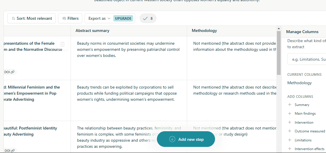 Elicit search interface and columns.