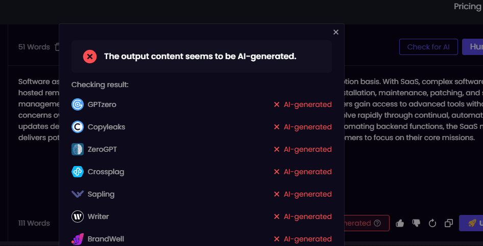 Upass.ai with its AI detector for the ChatGPT prompt