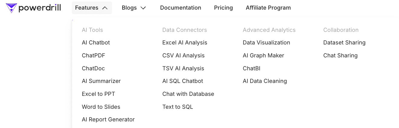 Powerdrill features menu listing AI tools, data connectors such as Excel and CSV analysis, advanced analytics and collaboration options