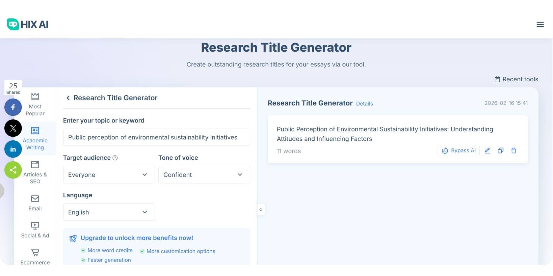 HIX AI research title generator