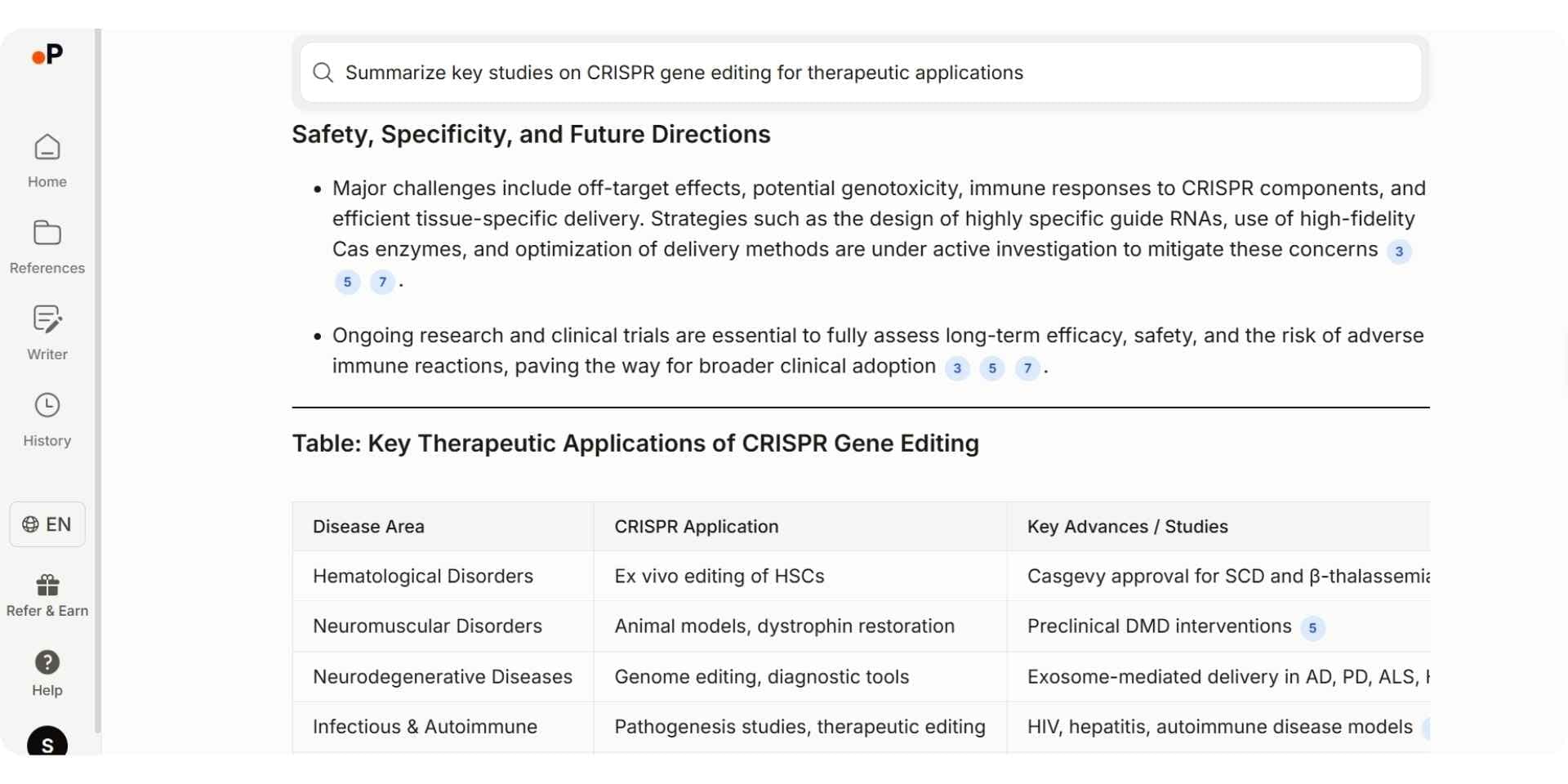Paperguide interface showing AI-powered scientific documentation with structured summaries of CRISPR research data