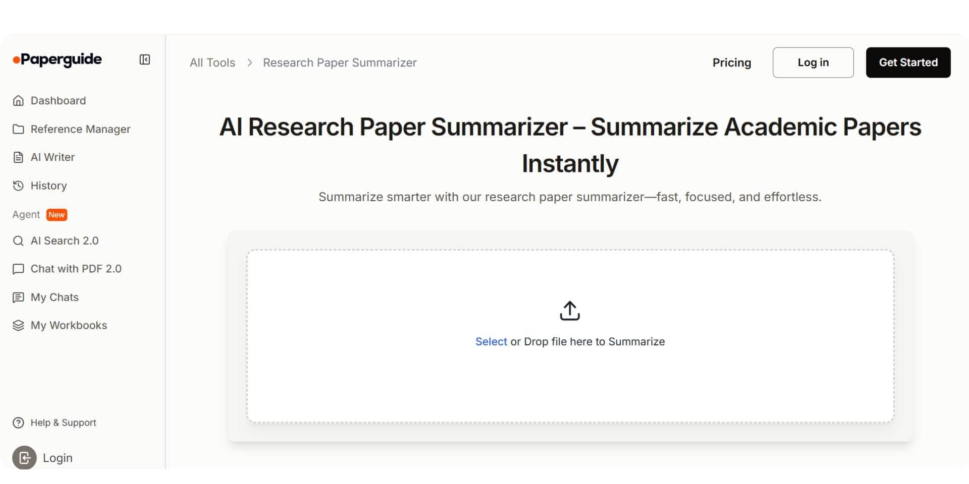 paperguide's AI Research Paper Summarizer dashboard