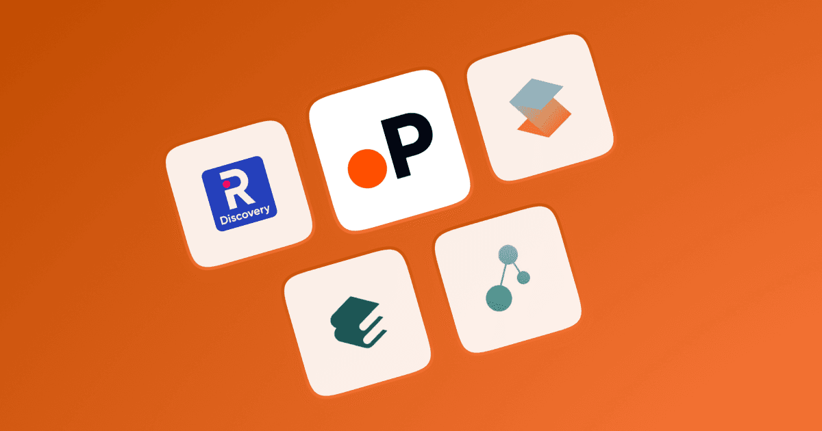 Logos of five RRL finder tools on an orange background, with Paperguide at the top