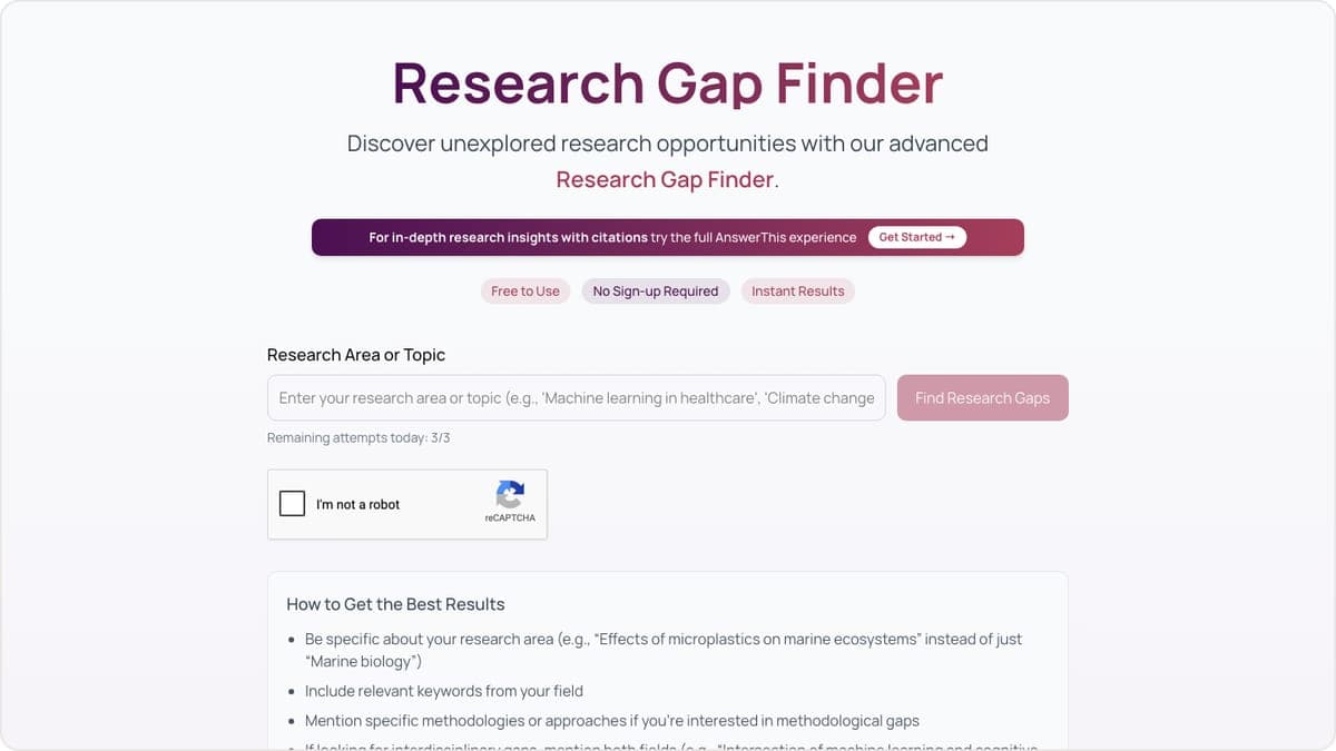 AnswerThis Research Gap Finder page with a research area input box and tips for getting the best results