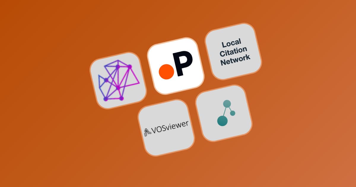 Paperguide app icon in the centre of a tilted grid of five citation network visualization tool icons on an orange background
