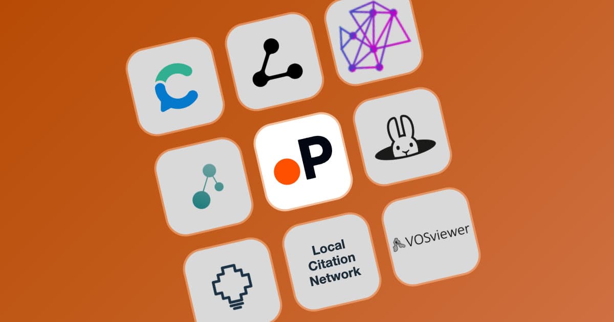 Paperguide app icon in the centre of a tilted grid of nine literature mapping tool icons on an orange background