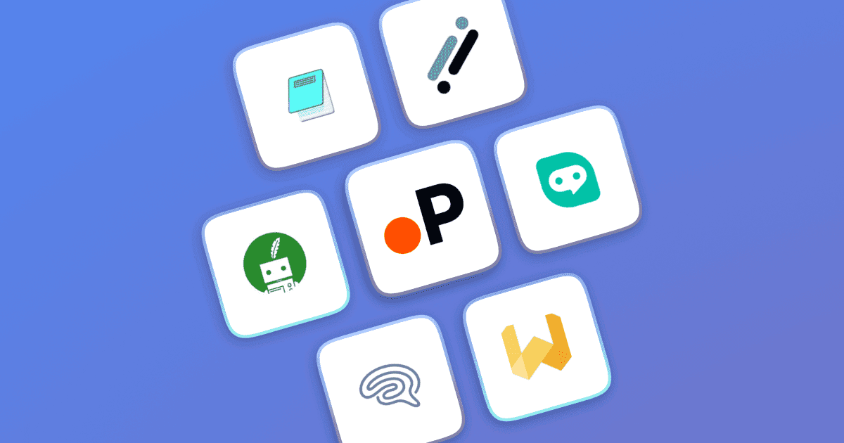the Paperguide logo surrounded by six AI writing tool icons on a blue background