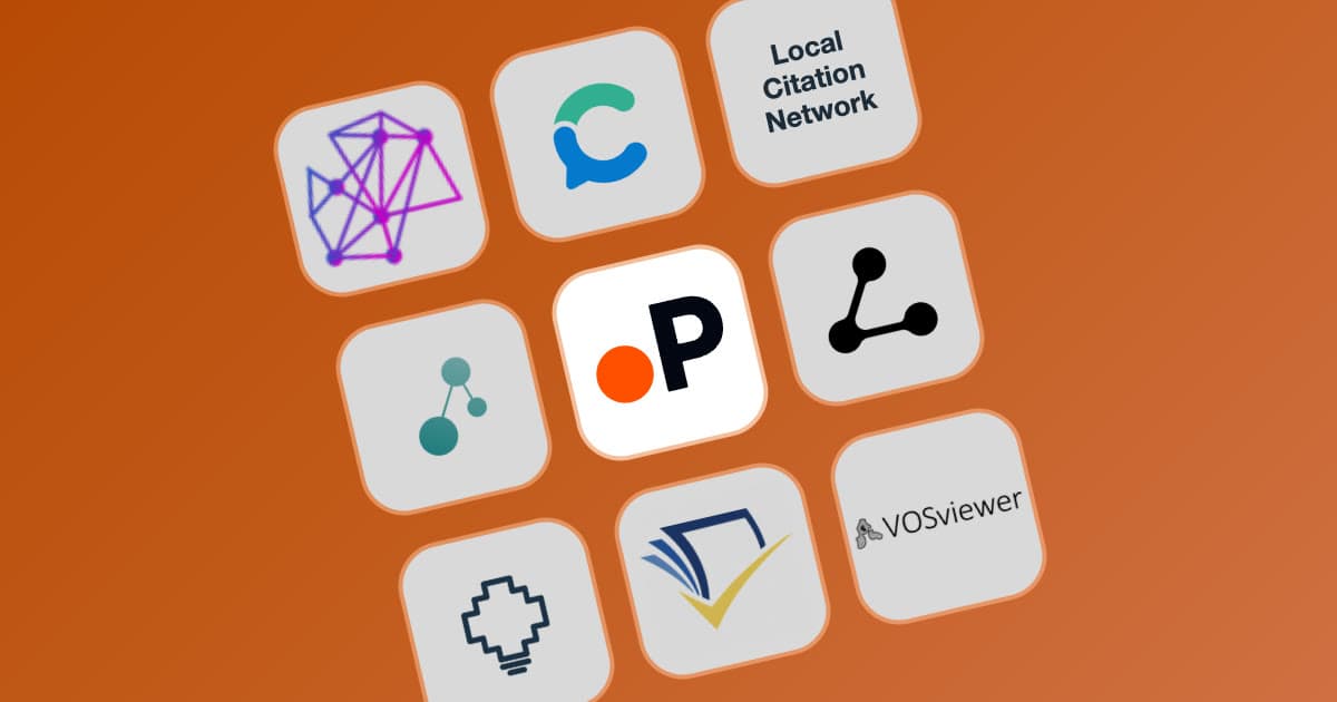 Paperguide app icon in the centre of a tilted grid of nine research mapping tool icons on an orange background