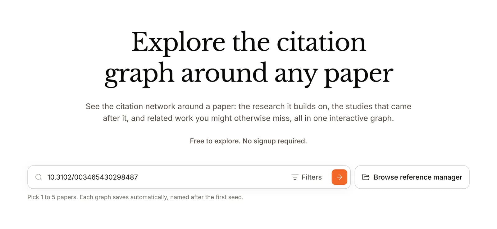 Paperguide Citation Graph start page with a DOI pasted into the search box, a Browse reference manager button beside it, and the note: Pick 1 to 5 papers. Each graph saves automatically, named after the first seed