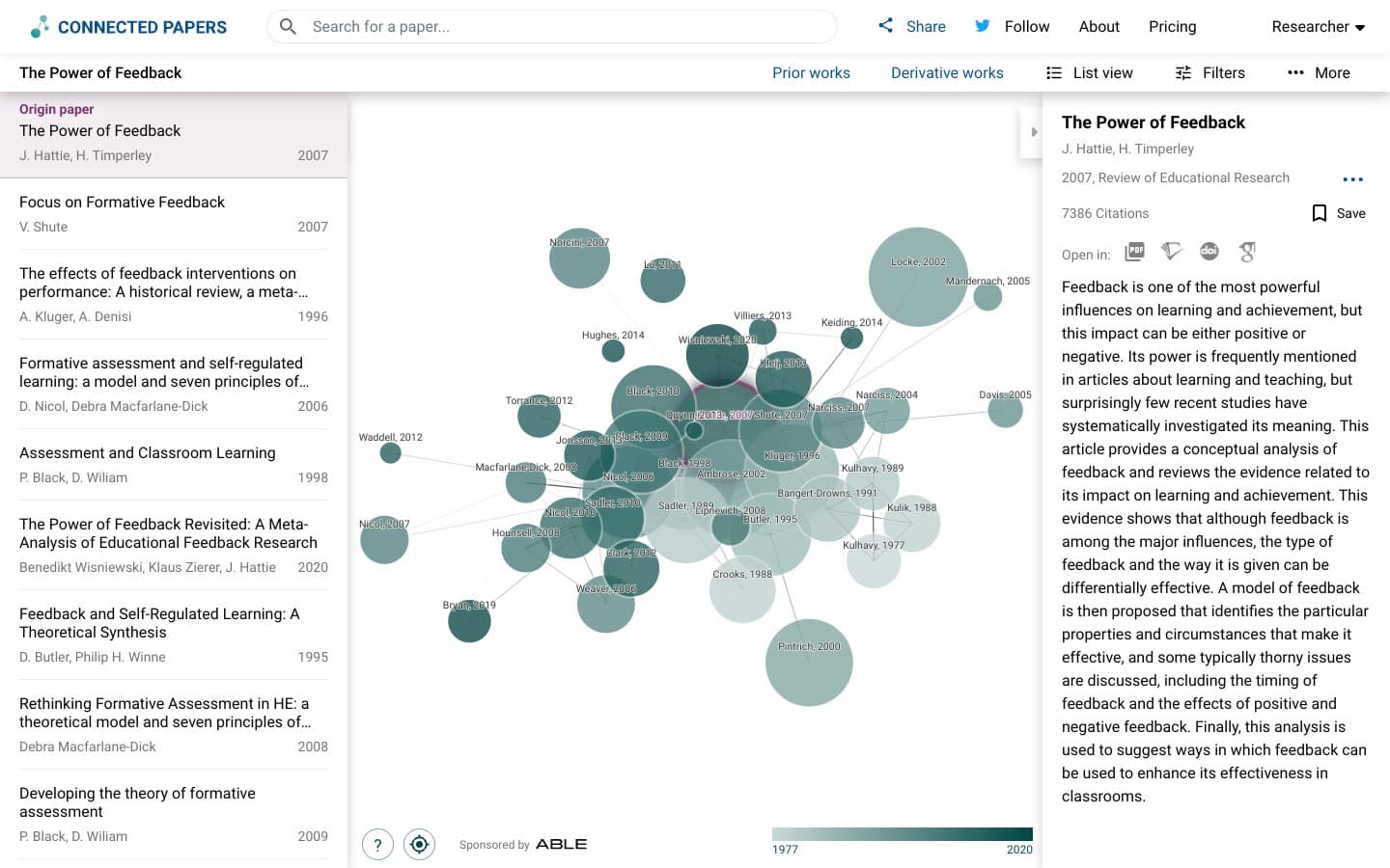 Connected Papers graph for The Power of Feedback, with Focus on Formative Feedback, Kluger and DeNisi's 1996 meta-analysis and Black and Wiliam's Assessment and Classroom Learning among the closest papers