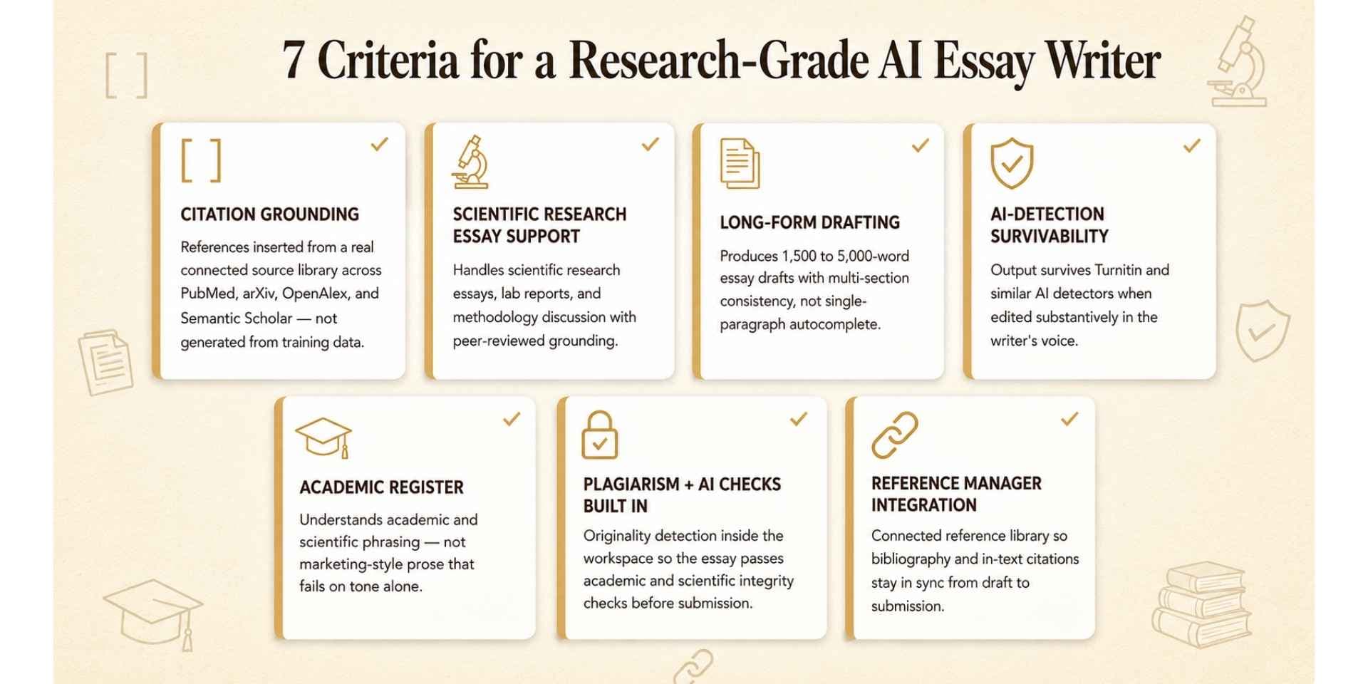 criteria for a research grade AI essay writer