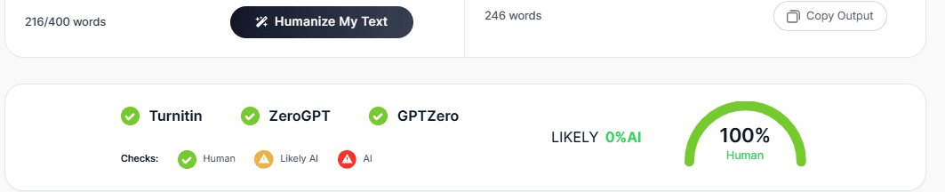 Essay Humanizer result panel showing Turnitin, ZeroGPT and GPTZero checks with a 100% human score