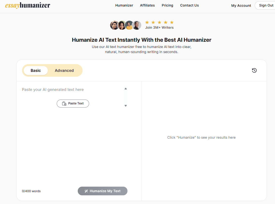 Essay Humanizer interface with a box for pasting AI generated text and a Humanize My Text button