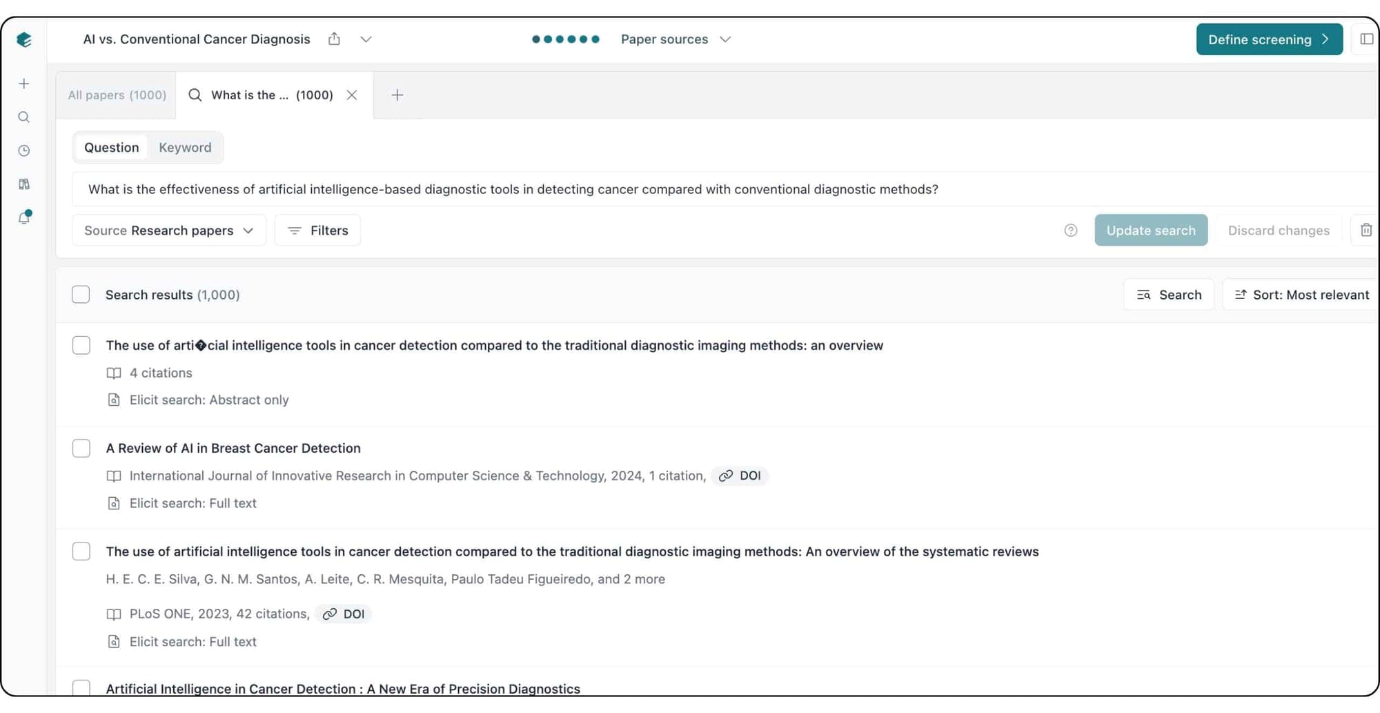Elicit systematic review search for AI versus conventional cancer diagnosis returning 1,000 papers before screening
