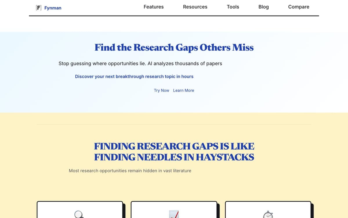 Fynman research gap analysis page with the headline find the research gaps others miss