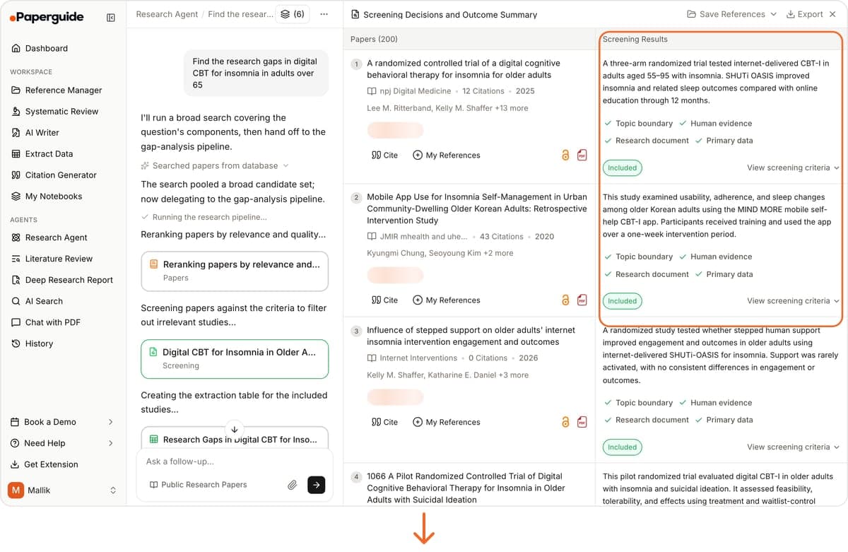 Step 2: the screening panel listing papers with their screening results and Included badges, highlighted in orange