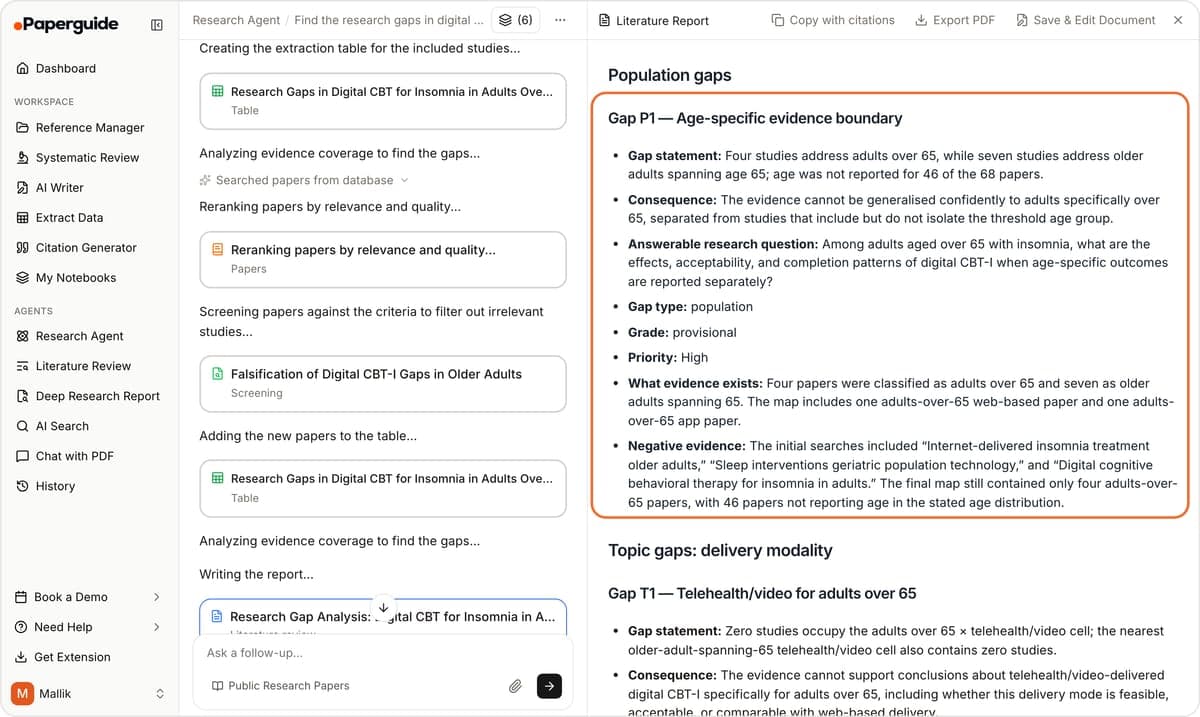 Step 5: the graded gap report showing Gap P1, an age-specific population gap with its statement, consequence, research question, grade and priority