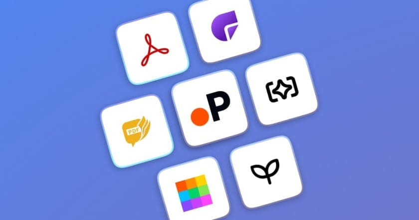 App icons for Paperguide, Adobe Acrobat, ChatPDF, AskYourPDF, Smallpdf, PDF AI and Humata AI on a blue background