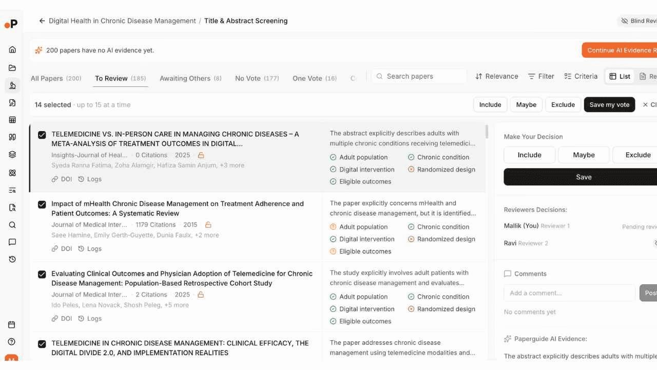 Paperguide AI Evidence Run results showing per-criterion green and orange assessment badges for Adult population, Chronic condition, Digital intervention, Randomized design, and Eligible outcomes, with bulk Save my vote button