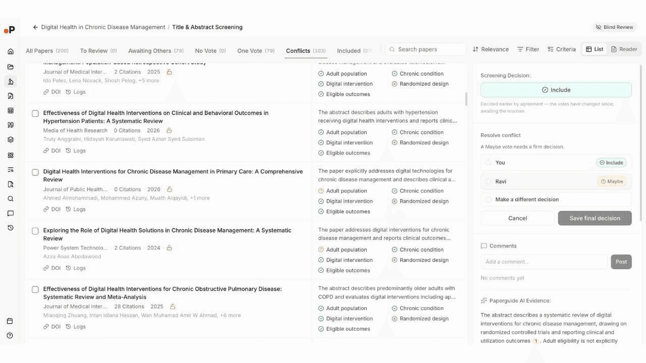 Paperguide Conflict Resolution view showing 103 conflicts, AI Evidence criteria badges on each paper, side panel with reviewer decisions showing You as Include and Ravi as Maybe, and Save final decision button