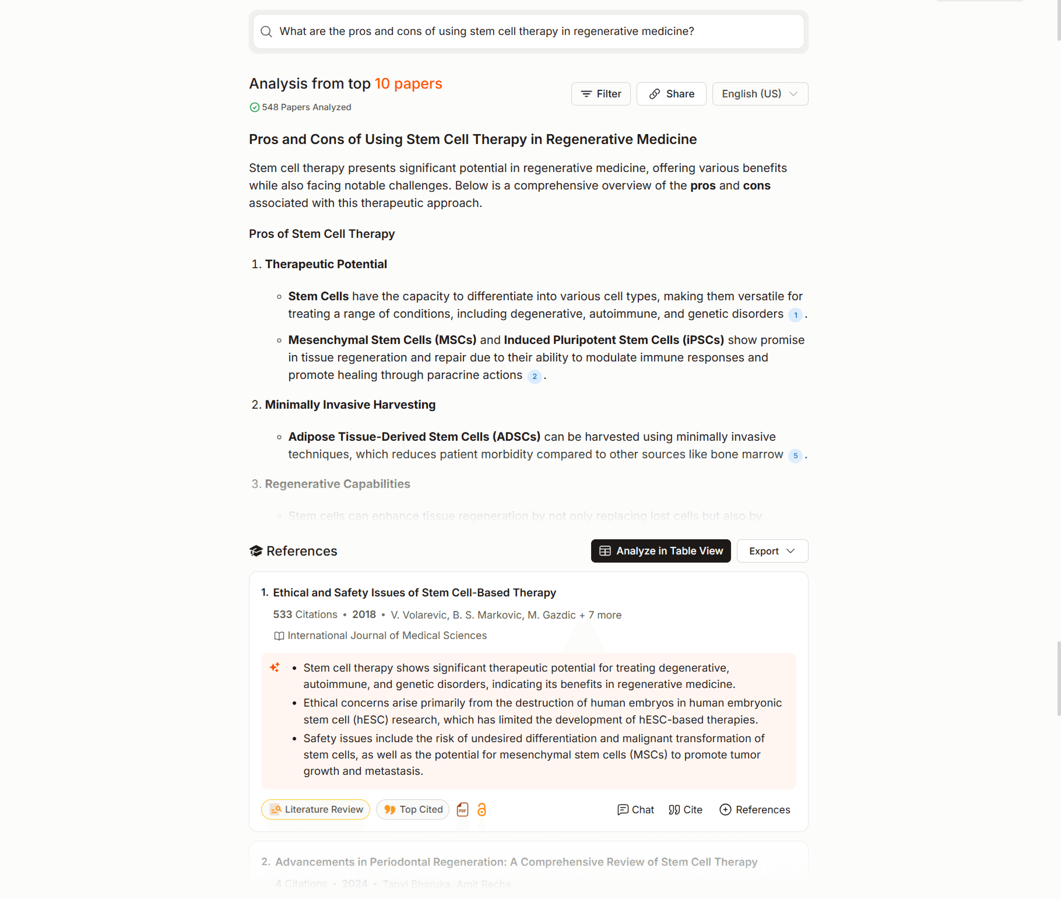 Paperguide AI Search answering a question on stem cell therapy with a cited summary and a reference list showing citation counts
