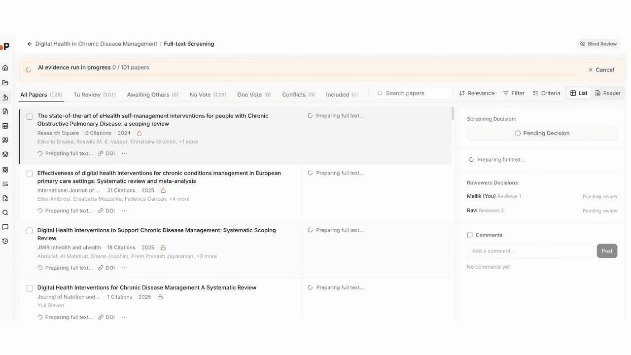 Paperguide Full-text Screening showing AI evidence run in progress for 101 papers, 128 total papers, Preparing full text status on each paper, Blind Review badge, and dual reviewer panel