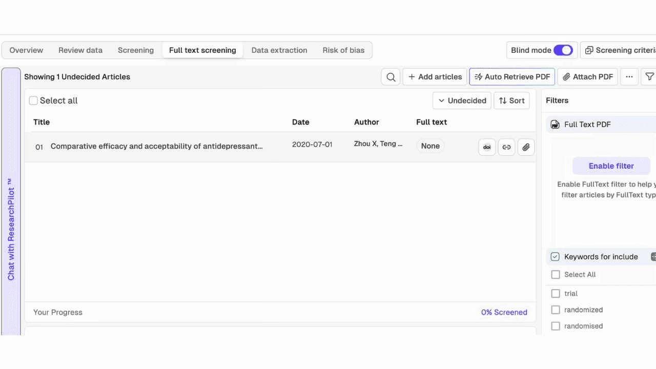 Rayyan Full text screening showing 1 Undecided Article, Auto Retrieve PDF button, Attach PDF option, table view with Title and Full text columns, and keyword filters