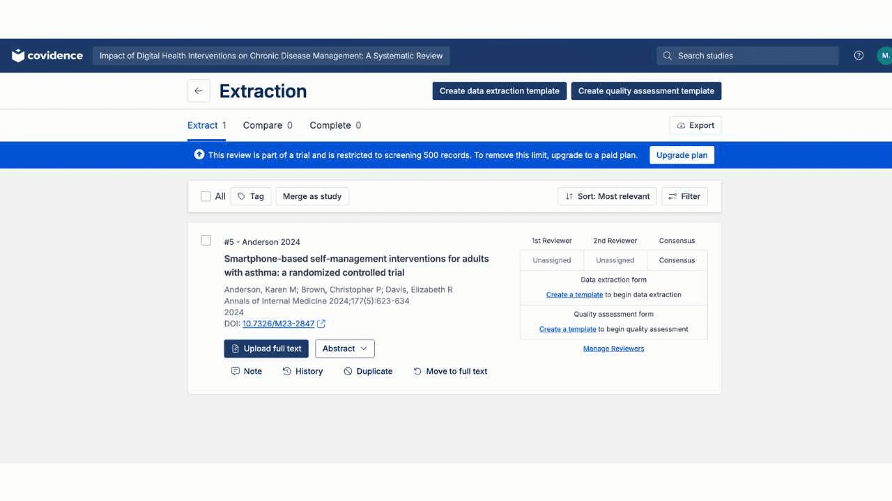 Covidence Extraction stage with Extract/Compare/Complete tabs, 1st Reviewer and 2nd Reviewer columns, Consensus column, and Create a template prompt for data extraction